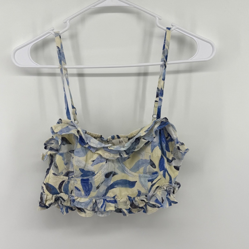RAHI Blue Yellow Floral Ruffle Bustier Crop Top Smocked Back Small Lined Boho